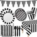Black and White Striped Party Supplies, Black and White Party Decoration with Dinner Plates Napkins Tablecloth Cups Flags for Birthday Wedding Baby Shower Graduation