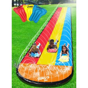 JAMBO 25Ft Premium 3 Lane Slip Splash and Slide with Bodyboards, Heavy Duty Water Slide- Advanced 3-Way Sprinkler System, Splash Mat Splash Pad Backyard Waterslide Outdoor Water Toys n Slides for Kids (25FT XXL Slide, Triple Lane)