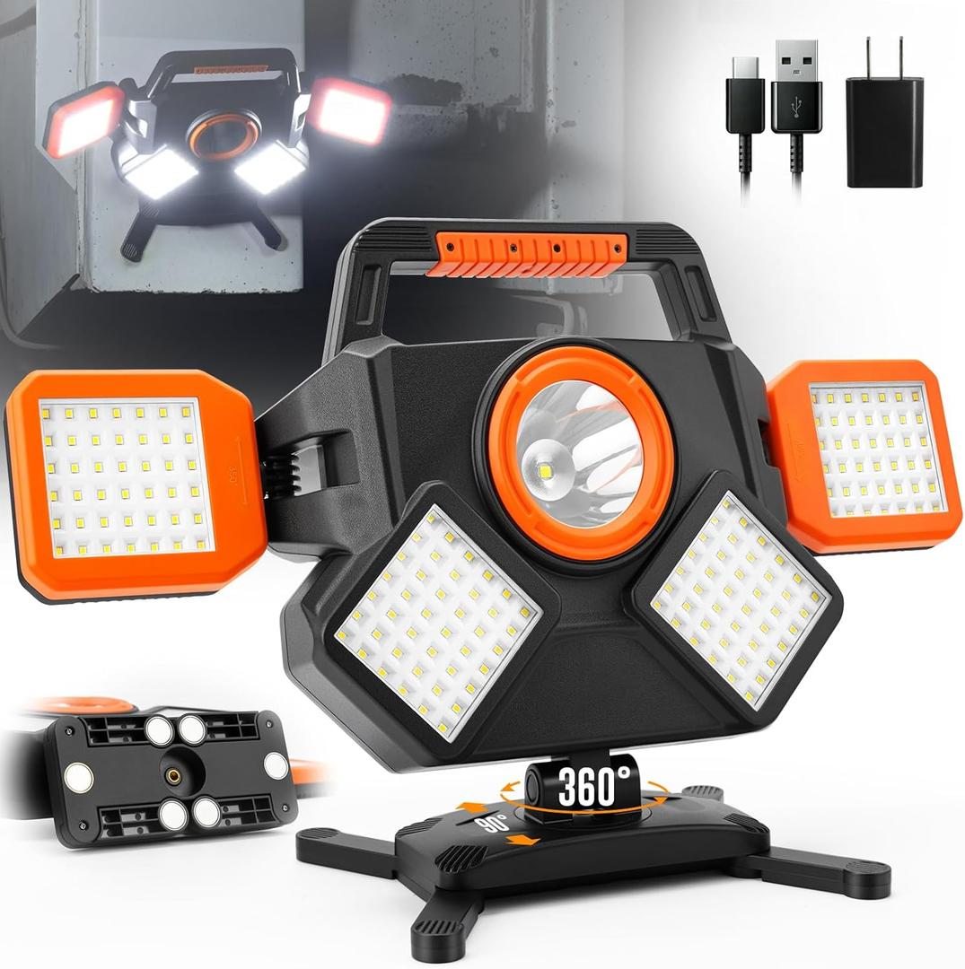 55W Rechargeable Work Light 5000LM, Foldable & Rotatable Magnetic LED Work Light with 6 Modes, 8000mAh Battery Powered Portable Work Lights for Workshop, Car Repair, Construction, Camping, Emergency Use (Orange)