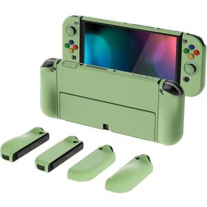 PlayVital AlterGrips Protective Slim Case for Nintendo Switch OLED, Ergonomic Grip Cover for Joycon, Dockable Hard Shell for Switch OLED w/Thumb Grip Caps & Button Caps (Matcha Green)