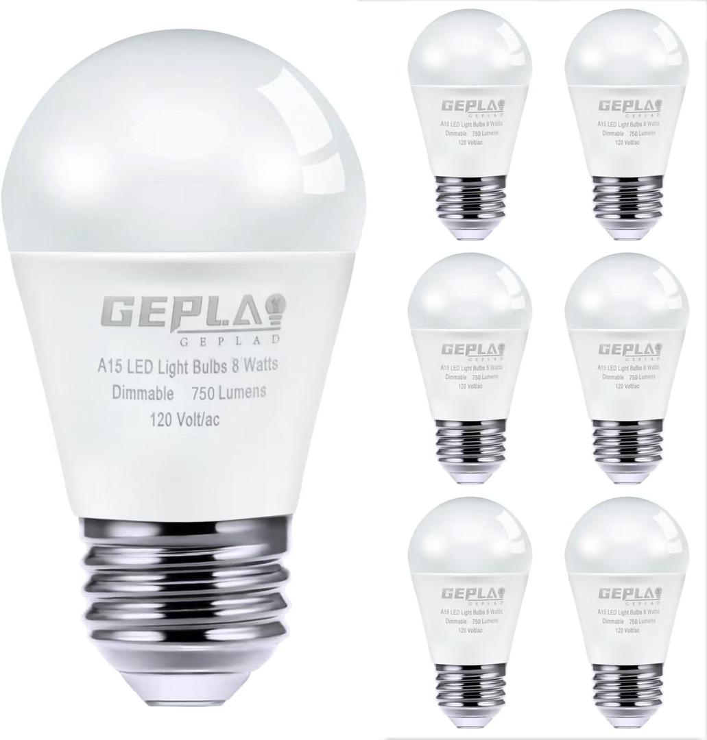GEPLAD 6 Pack A15 Light Bulbs 60W Equivalent, 8W LED Refrigerator Bulbs, 3000K Soft White, 750 LM, E26 Medium Base, for Ceiling Fan, Wall sconces, Appliance Bulb