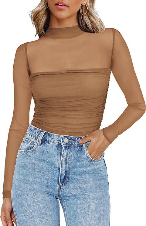 Zeagoo Womens Mesh Sheer Long Sleeve Top Mock Turtle Neck See Though Shirts Ruched Sexy Casual Going Out Blouses (Small, Light Tan)