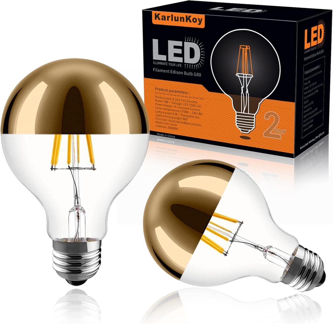 Half Chrome Light Bulb,6W (60W Equivalent) Dimmable LED Edison Bulbs,G80/G25 Globe Shape Decorative,Half Gold Reflected Light,2700K Soft White E26 Base Pack of 2