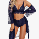 RSLOVE Women Sexy Lingerie Set 3 Piece Lace Kimono Robe with Bra and Panty Sheer Sleepwear, size -L