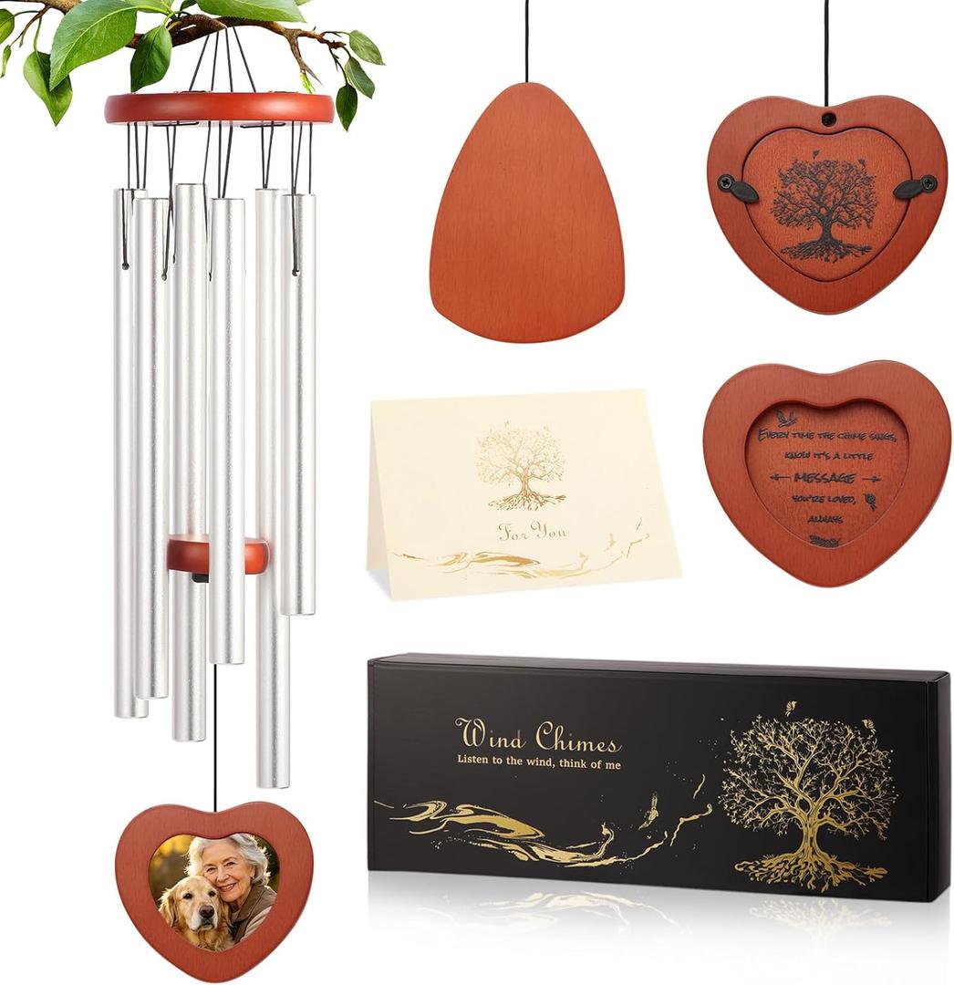 Memorial Wind Chime for Loss of Loved One, Sympathy Gift with Photo Frame for Mother Father Pet, 33" Deep Tone Healing Bereavement & Remembrance Gift (Silver)