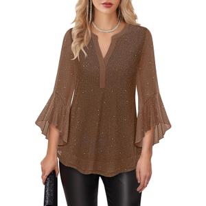 Lotusmile Women's 3/4 Sleeve Dressy Tops Elegant V Neck Blouse for Women Casual Work Evening Party (Brown, S)