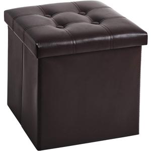 YOUDENOVA 15 inches Folding Storage Ottoman, Cube Storage Boxes Footrest, Small Ottomans with Foam Padded Seat, Support 300lbs (Brown, Leather)