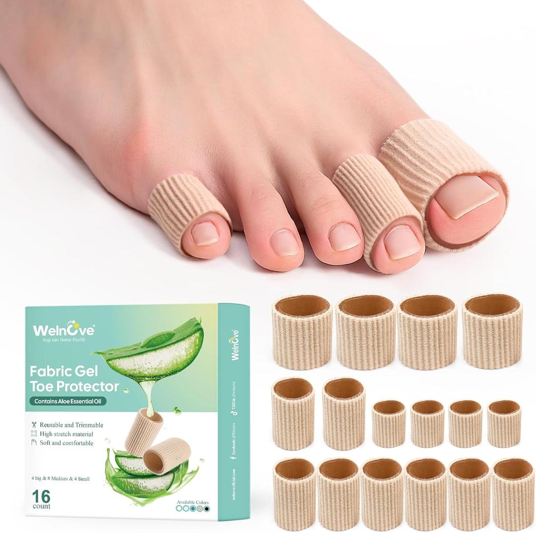 Welonove Toe Cushion Tube Sleeves, 16 Counts Soft Corn Pads Covers for Women Men Pain Relief, Toe Sleeve Protectors for Cushions Corns, Blisters, Calluses, Toes - Multi-Size, Beige
