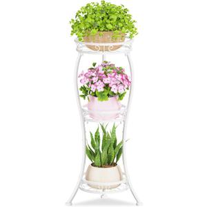 KMOTASUO 3 Tier Tall Metal Plant Stand, 34 Inch Plant Stands Indoor Outdoor, Rustproof Wrought Iron Flower Pot Holder Display Rack for Corner Patio Garden Balcony Living Room(White)