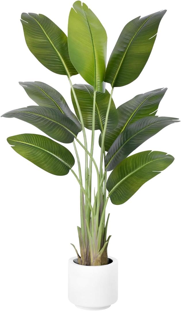 Artificial Bird of Paradise Plant 5Ft Tall Fake Tropical Palm Tree Large Fake Plants with 10 Silk Banana Leaves Faux Plant Indoor Decor Trees with White Pot for Home Bedroom Living Room Office
