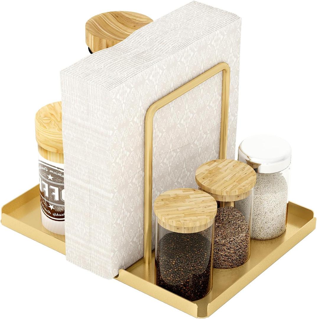 LSK Napkin Holder, Metal Napkin Holder for Table with Salt and Pepper Shakers Caddy, Napkin Storage Dispenser for Kitchen Dinner Table and Picnic Decors, Gold