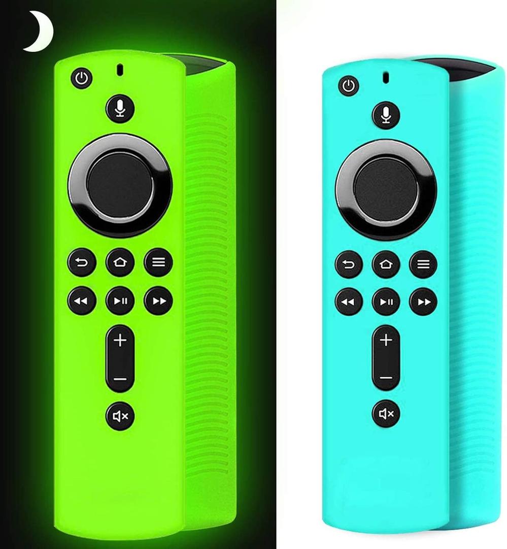 [2 Pack ] Firestick Silicone Remote Cover Case Compatible with 4K Firetv Stick, Firetv Remote Control Cover, Shockproof Anti Slip Case (Green Glow& Sky Blue Not Glow)