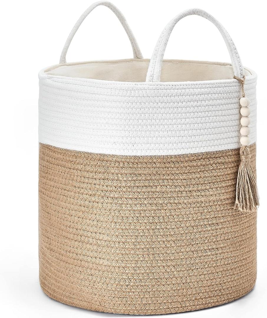 Mkono Woven Storage Basket Decorative Rope Basket Wooden Bead Decoration for Blankets,Toys,Clothes,Shoes,Plant Organizer Bin with Handles Living Room Home Decor, 15"Wx17.7"L,White and Yellow