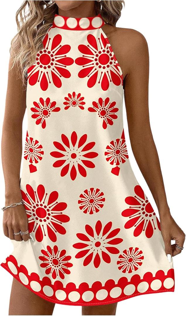 Floerns Women's Sleeveless Floral Print Sundress Halter Neck A Line Short Dress (L, Red and Beige)