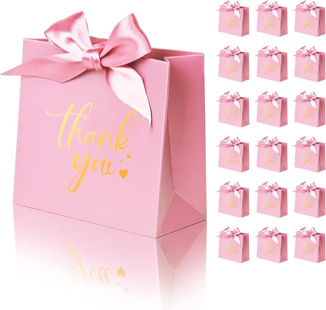 DECHISY 50 Pack Small Thank You Gift Bags, 4.5x1.8x3.9 Inches Party Favor Bags, Mini Pink Thank You Bags with Ribbon, Wedding Candy Favor Boxes, Paper Gift Bags for Baby Shower, Birthday Party