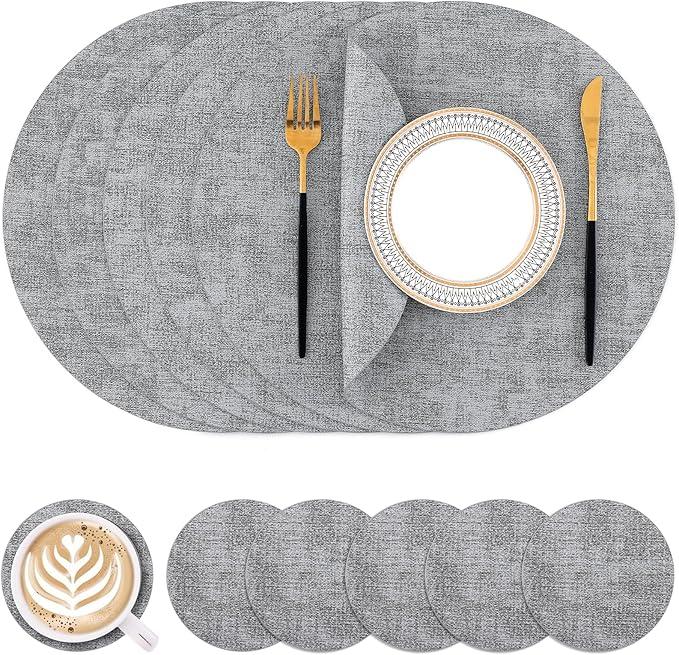 Round Placemats Set of 6,Washable Faux Leather Vinyl Table Mats with Coaster for Kitchen Party Outdoor