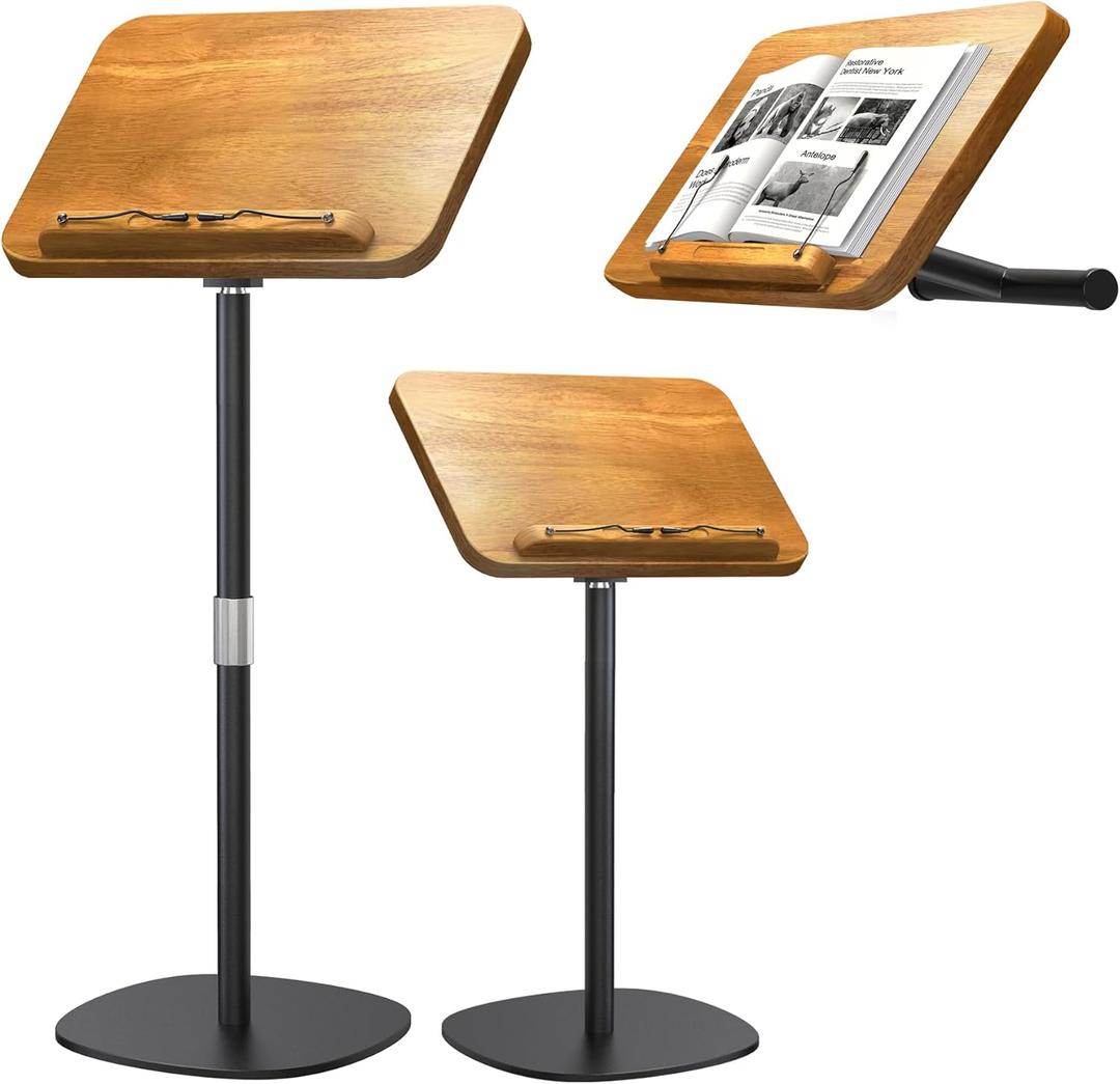 NAMON 2 in 1 Dual-use Music Stand & Desktop Book Stand, 100% Solid Wood, Height Adjustable from 16.5" to 51", with Page Paper Clip for Cookbooks, Sheet Music (with Large Panel: 16.5 * 11.8IN) (Non-wheeled)