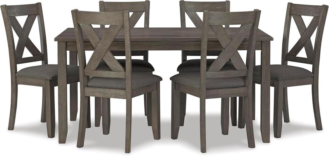 Signature Design by Ashley Caitbrook Rustic 7-Piece Dining Set  Rectangular Table with 6 X-Back Upholstered Chairs, Gray