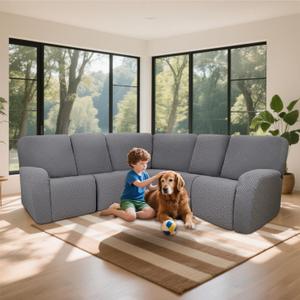ROFASVCO 100% Waterproof Sectional Recliner Couch Covers for Reclining Couch L Shaped Corner Sectional Sofa Cover Jacquard Stretch L Shape Recliner Slipcovers (5 Seater 1 Console Cover, Middle Gray)