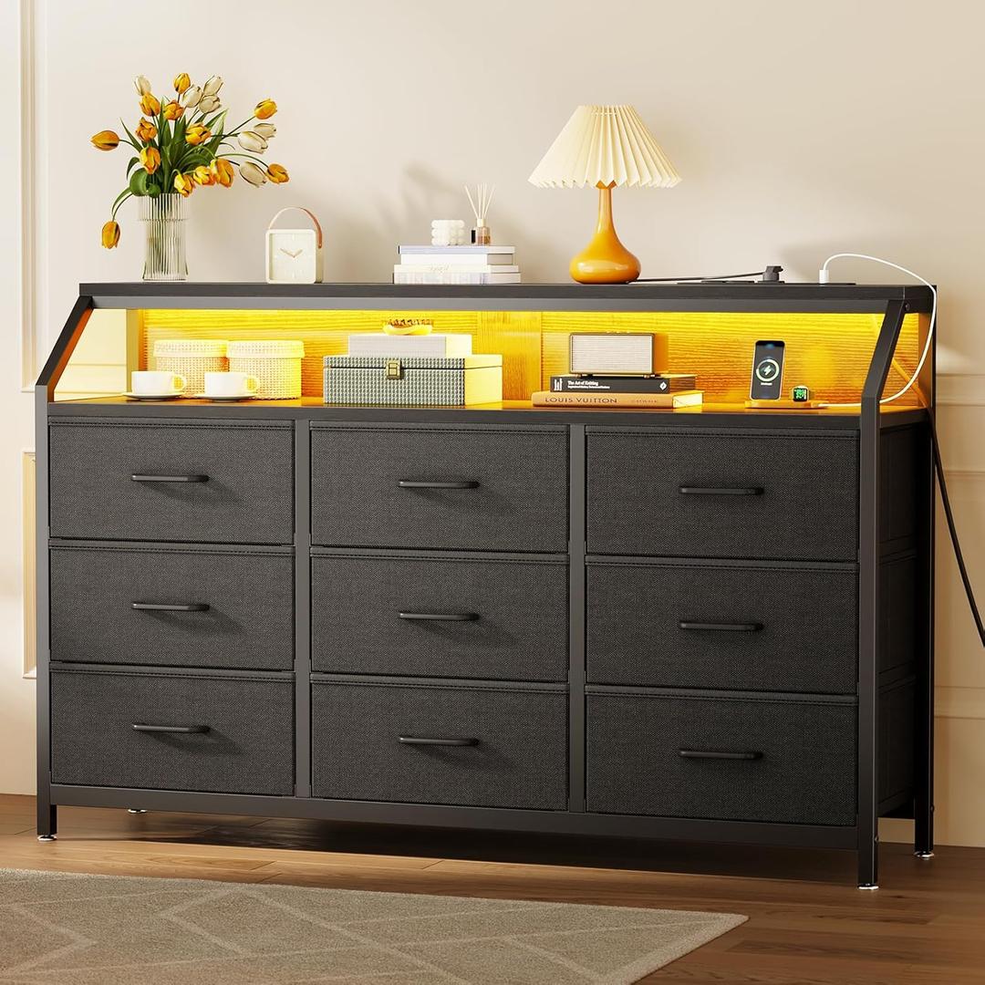 KKL Dresser for Bedroom with LED Lights, 9 Drawer Bedroom Dresser with Charging Station, Fabric Dressers & Storage Chest of Drawers with Shelves for Closet, Sturdy Steel Frame Wooden Top, Black (Black)