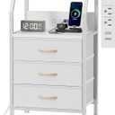 Furnulem Night Stand with Charging Station, 28.3 Inch Tall Bedside Table with PVC Drawers, End Table with USB Ports and Outlets, 3 Fabric Drawer Storage Nightstand for Bedroom, 3 Ways to Use, White