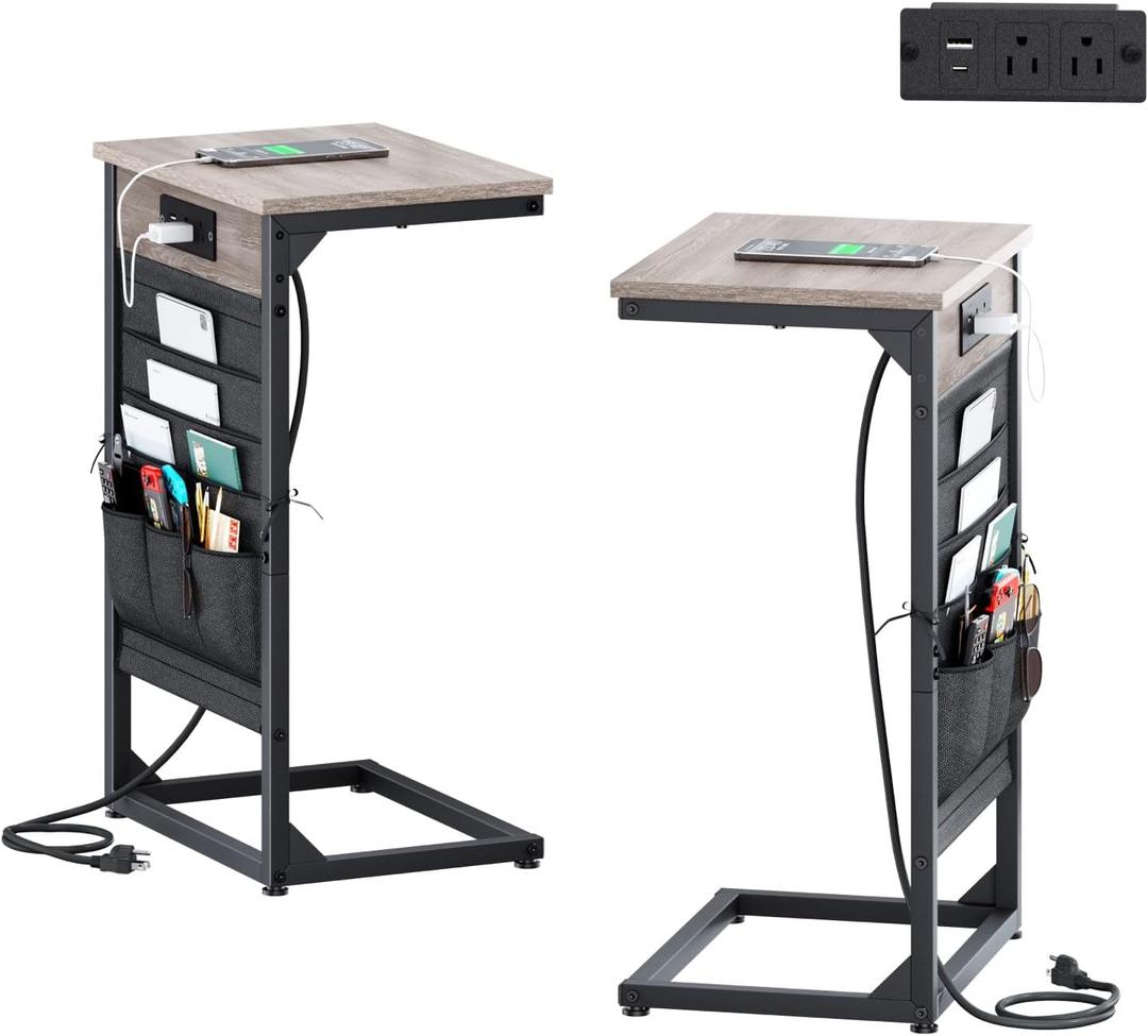 C-Shaped End Tables Set of 2, Small Couch Side Table with Fast-Charging Station, Sofa TV Tray Table with Storage Bag for Living Room, Bedroom, Bedside ET-GY-W2 (Greige + Wider)