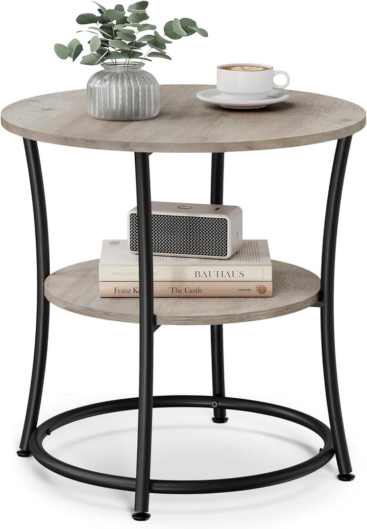 VASAGLE Side Table, Round End Table with 2 Storage Shelves for Living Room, Bedroom, Nightstand with Steel Frame for Small Spaces, Accent Coffee Table, Greige and Ink Black (Greige + Ink Black)
