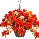 Fall Flowers with Hanging Basket Artificial for Decoration, Fake Silk Rhododendron Flowers for Outdoors, UV Resistant No Fade Floral for Home Garden Balcony Porch Patio Wedding Party Decor (Orange Yellow White With Basket)