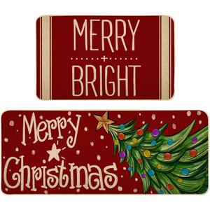 Merry Christmas Kitchen Mat Sets of 2, Winter Merry Bright Xmas Kitchen Rugs and Mats Non Skid Washable Farmhouse Style Decor for Home Kitchen Floor 17x29 and 17x47 Inch DM108