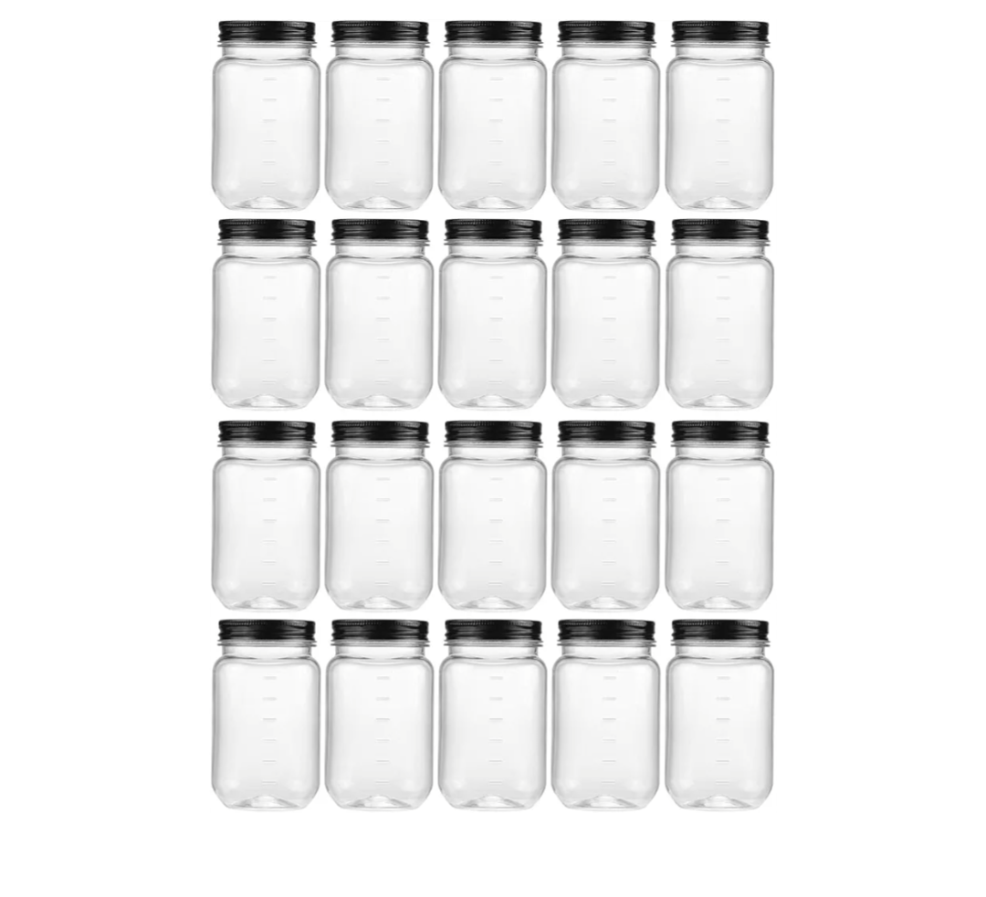 novelinks 16 oz Clear Plastic Jars with Lids, Refillable 16oz Mason Jars with Lids & Storage Containers for Kitchen & Household Use (20 Pack,grey)