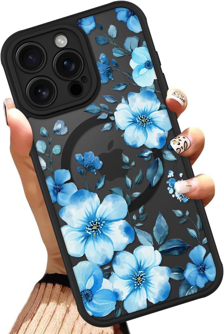 OOK Magnetic Case Fit for iPhone 15 Pro Max 6.7 Inch (Compatible with MagSafe) Soft TPU and Hard PC Phone Cover with Blue Floral Flowers Anti-Scratch Shockproof Protection Case for Women