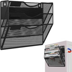 3-Tier Magnetic File Holder, No Drilling Installation File Cabinet Organizer, Black Magnetic File Organizer, Magazine Rack, Magnetic Paper Holder for Refrigerator, File Cabinets, Whiteboard, Black