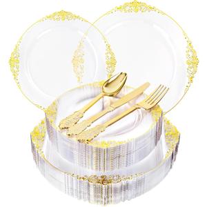125PCS Clear Plastic Plates - Fancy Clear Gold Disposable Plates Include 25 Dinner Plates, 25 Dessert Plates, 75 Gold Plastic Silverware for 25 Guests for Wedding & Party