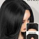 WIGER Wavy Layered Wig Pre Cut Middle Part Curly Wig with Curtain Bangs Light Yaki Glueless Synthetic Wigs for Women Heat Resistant Fiber Daily Party Cosplay Costume, Black