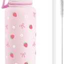 Strawberry Stainless Steel Water Bottle with Strap 32oz, Insulated Bottles with Straw and Spout Lid for Gym Sports Travel Outdoor, Gifts for Women Girls Birthday Christmas