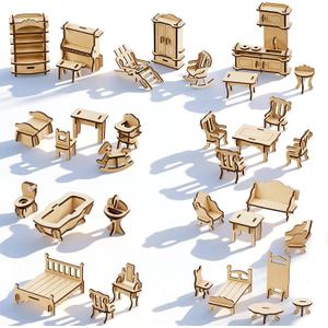 LOVEINUSA DIY Wooden Dollhouse Furniture Set, 3D Puzzle Miniature Room Accessories, Natural Wood (Medium)
