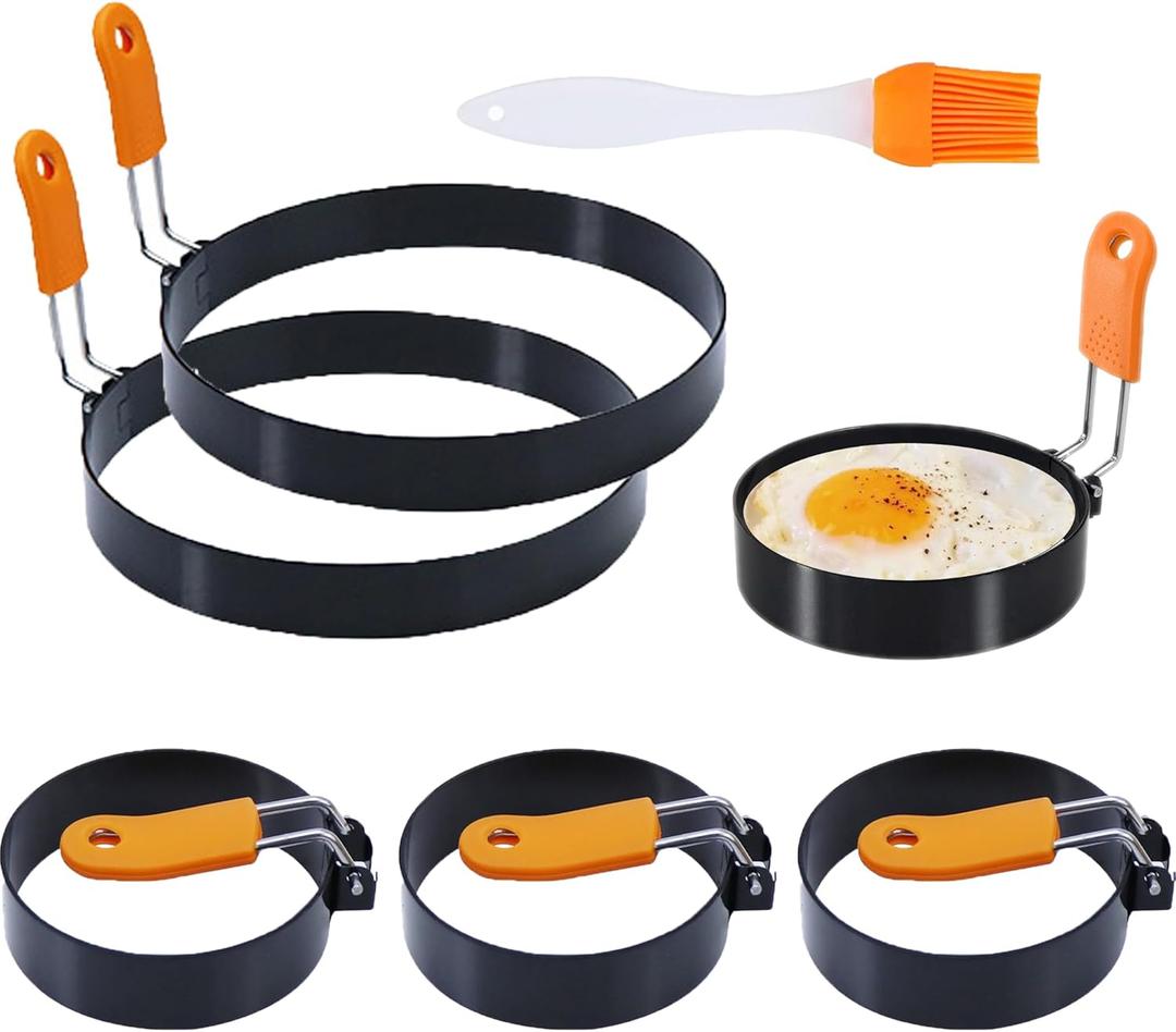 3.5" Egg Rings 6“ Pancake Mold with Silicone Handle, Round Mold for English Muffins - Griddle Cooking Shaper for Indoor Camping Breakfast Sandwiches w/ Silicone Oil Brush set of 6 (4pcs 3.5"+2pcs 6")