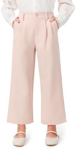 Haloumoning Girls Uniform Pants Kids High Waisted Wide Leg Dress Pants Casual Trousers with Pockets  9-10 Years