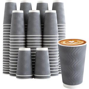 Clawsoff 90 Pack 16 oz Disposable Coffee Cups No Lids, Gray Insulated Ripple Wall Paper Coffee Cups 16oz, Corrugated Beverage Paper Cups, To Go Cups for Hot Chocolate Tea Home Travel Office