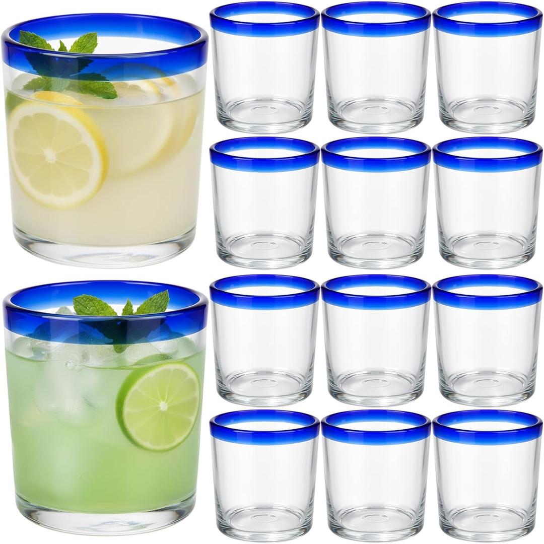 12 Pack Mexican Style Drinking Glasses Tumbler Glasses with Cobalt Blue Rims Mexican Theme Clear Drinking Glassware (14 oz)