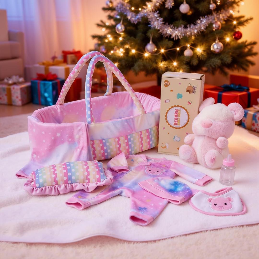 BABESIDE 8 Pcs Reborn Baby Doll Clothes with Bassinet for 17-22 Inch Babydolls, Reborn Baby Doll Accessories fit Newborn Dolls Girls, Colorful Baby Dolls Clothes