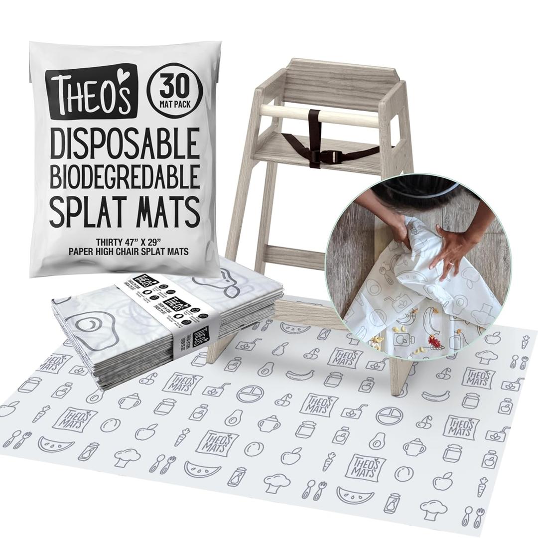 30 Pack | Disposable Splat Mats | Biodegradable + Compostable | THEO'S MATS | Under Highchair Splat Mat for Floor | Baby Led Weaning Supplies | (THEO001)