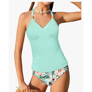 NECIOUS Girls Swimsuit 2 Piece Bathing Suit Halterneck Ruched Tankini Sets Printed Girls' Swimwear for 15-16 Y