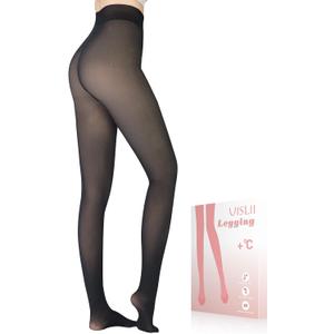 UISLII Fleece Lined Tights Women, Warm Pantyhose leggings Women, Fake Translucent Thermal Skin Colored Tights for Winter(Black Foot Medium -Medium Height)