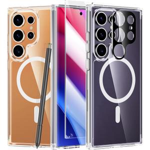 FNTCASE for Samsung Galaxy S24-Ultra Case: Shockproof Clear S24 Ultra 5G Protective Cell Phone Cases - Anti Yellowing Slim Silicone Hard Cases - Durable Full Protection Phone Cover (Clear Magnetic)