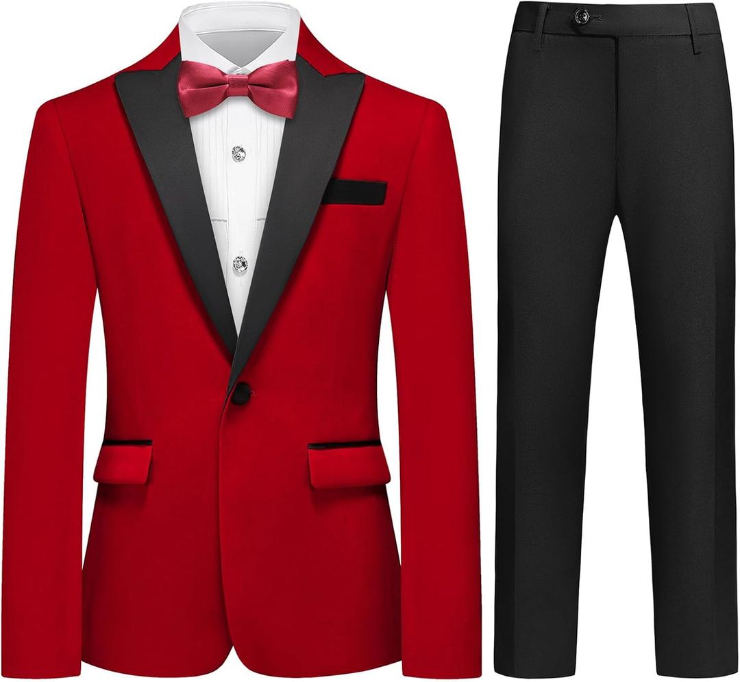 Lamgool Boys Velvet Suit Slim Fit 2 Piece Tuxedo Set Shirt Pant Kids Wedding Formal Outfit (190/18Y, Red)
