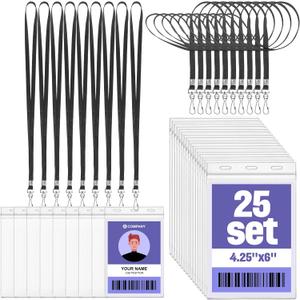 Patelai 25 Pack 4 x 6 Inch Extra Large Badge Credential Holders with 20 Inch Black Lanyard Vertical Name ID Badge PVC Card Holder ID Protector Sleeve Lanyard Pouch for Office Passport Tickets Event