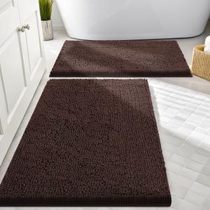 Smiry Bathroom Rugs Sets 2 Piece, Soft Absorbent Chenille Machine Washable Non Slip Shaggy Bath Rug Set for Tub, Shower, and Floor (30x20+24x16, Brown)