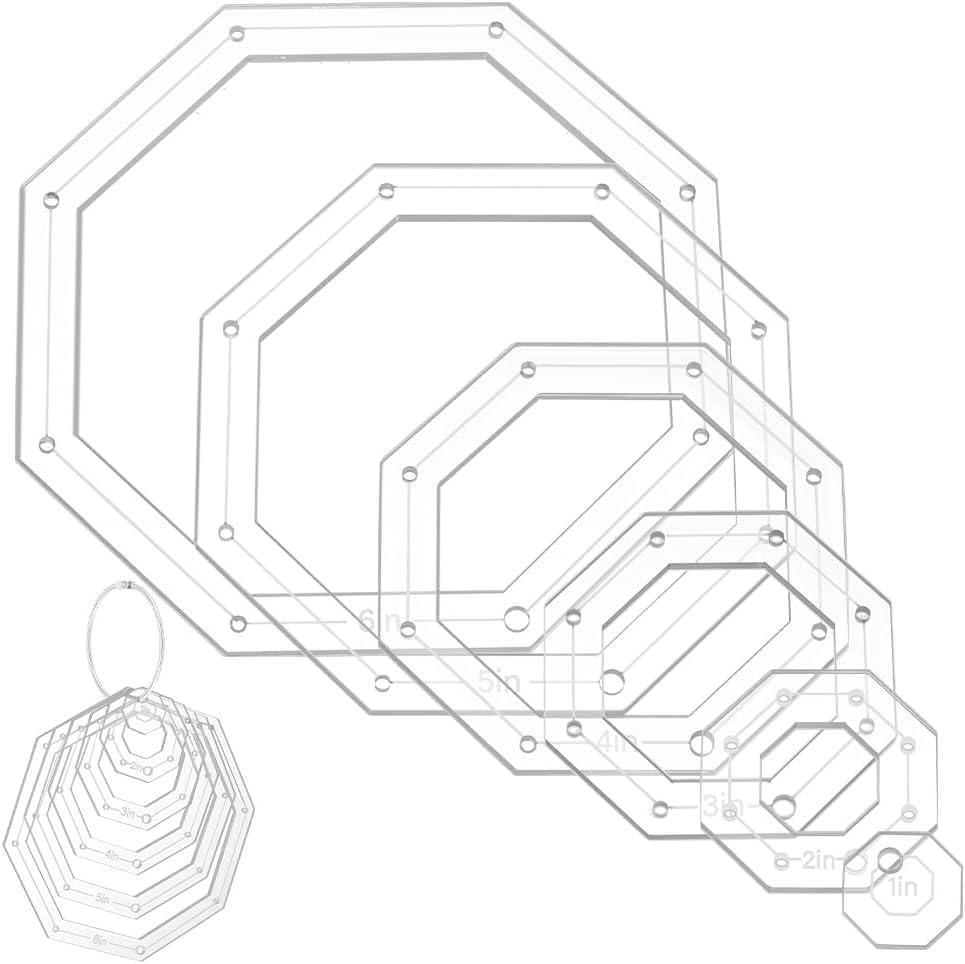 NBEADS 6 Pcs 6 Sizes Transparent Acrylic Sewing Template, Acrylic Quilting Rulers Octagon Template with Iron Binder Rings for Sewing Patchwork Crafts, Hole: 3.5mm