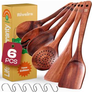 Riveira's 6-Piece Dark Brown Wooden Spoons for Cooking - Elegant Kitchen Essentials/Kitchen Utensils Set for Every Culinary Need Spatula